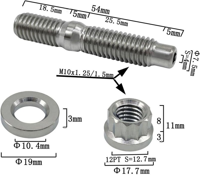M10X1.5X54MM Titanium Exhaust Manifold Stud Kit Original GR5 Titanium Bolt Kit 12 PCS/Set (M10*1.5 * 54mm, Original)